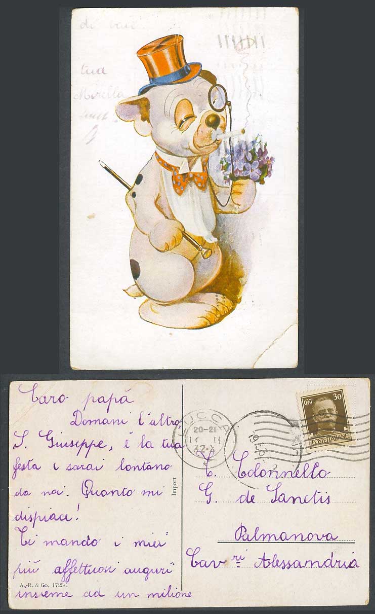 BONZO DOG G.E. Studdy 1932 Old Postcard Puppy Smoking Cigarette Bunch of Flowers