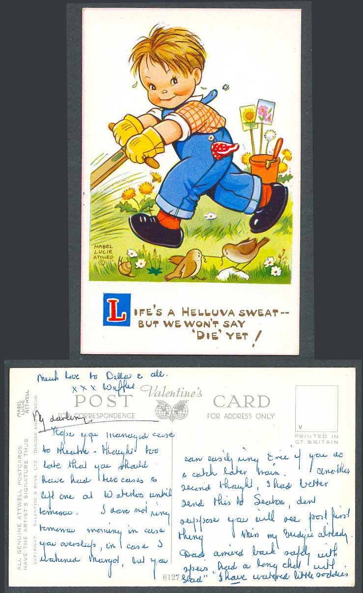 MABEL LUCIE ATTWELL Old Postcard Boy Mowing Helluva Sweat Won't Say Die Yet 6127