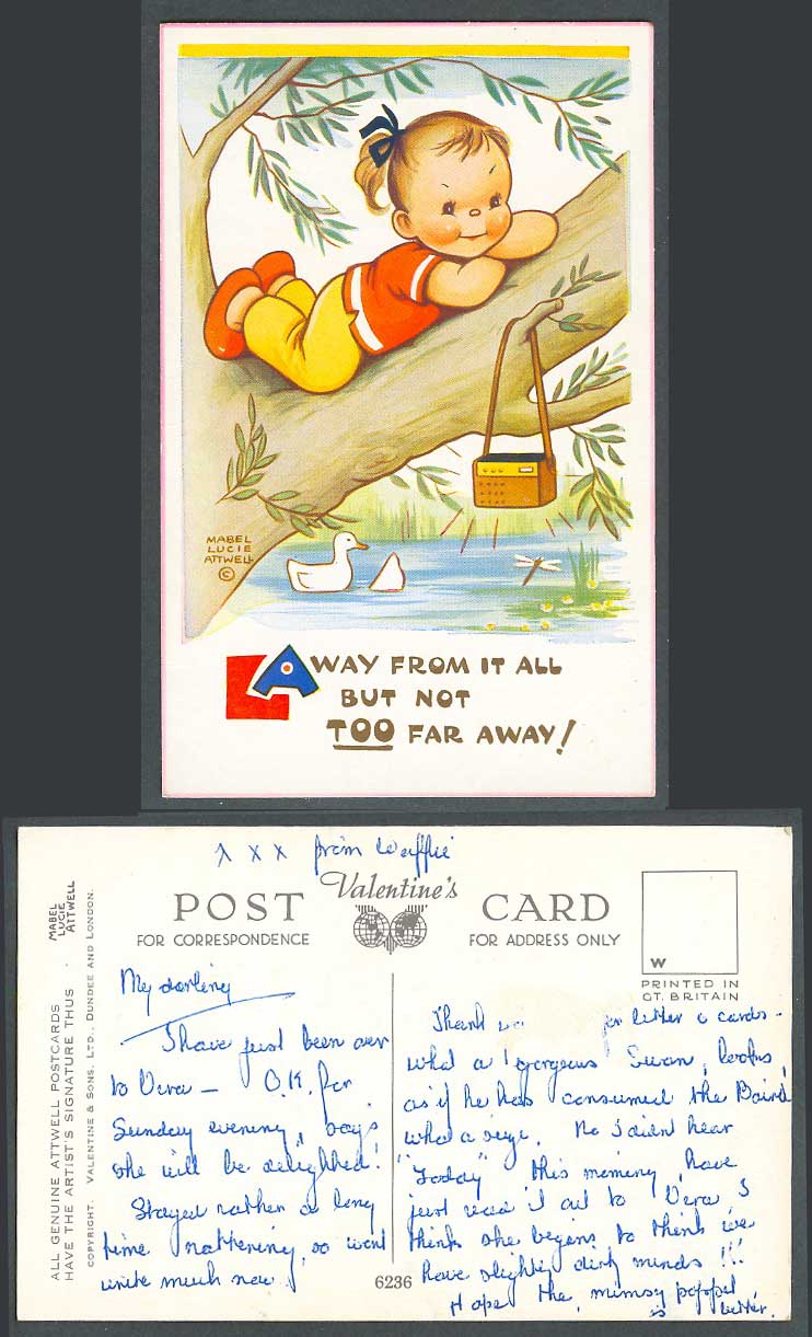MABEL LUCIE ATTWELL Old Postcard Away From All But Not Too Far Away! Radio 6236