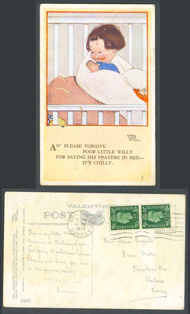 MABEL LUCIE ATTWELL 1938 Old Postcard Poor Willy Says Prayers In Bed Chilly 3863