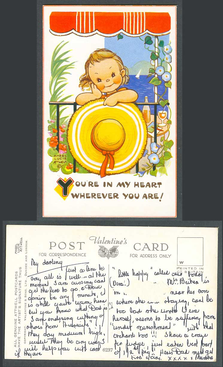 MABEL LUCIE ATTWELL Old Postcard You're in my heart wherever you are! Hat 6237