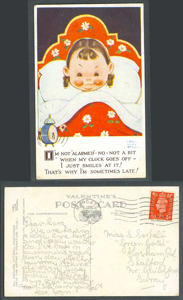 MABEL LUCIE ATTWELL 1938 Old Postcard Not Alarmed When Clock Go Off, Smiled 3531
