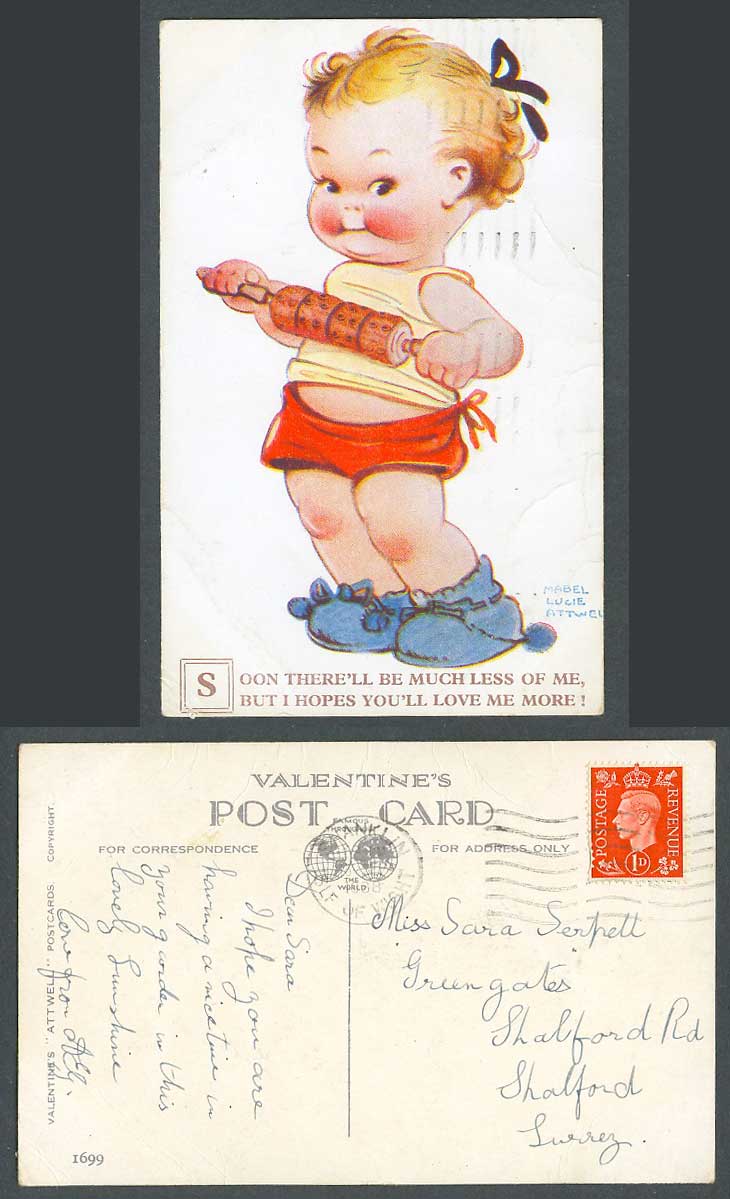 MABEL LUCIE ATTWELL 1938 Old Postcard Less of me, Hopes you'll love me more 1699