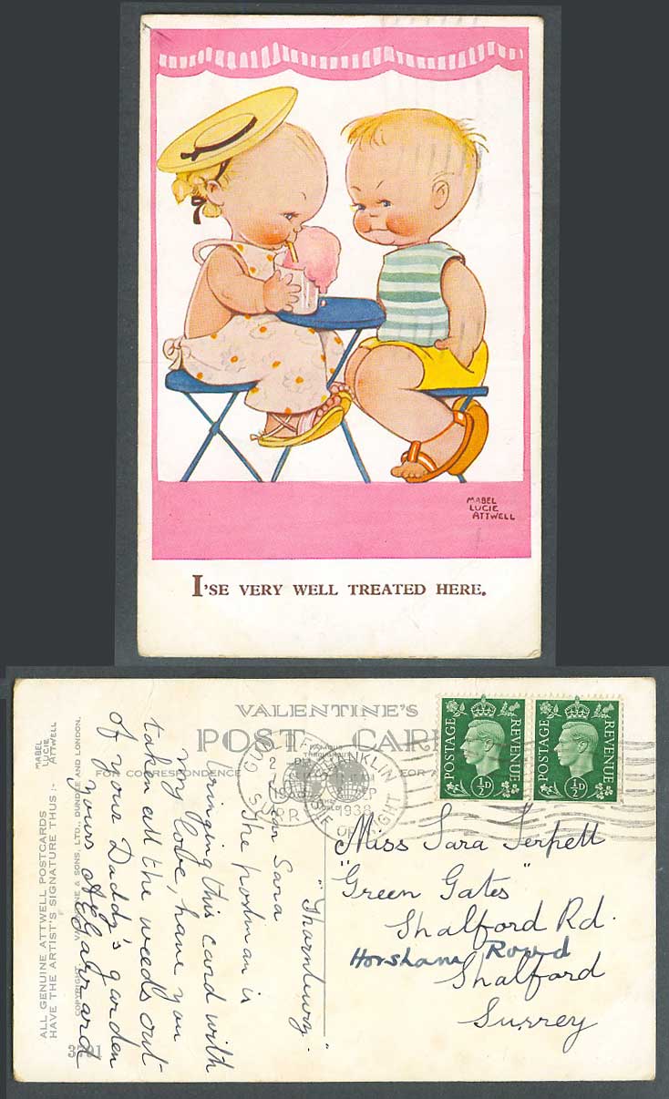 MABEL LUCIE ATTWELL 1938 Old Postcard Very Well Treated Here Boy Girl & Ice 3791