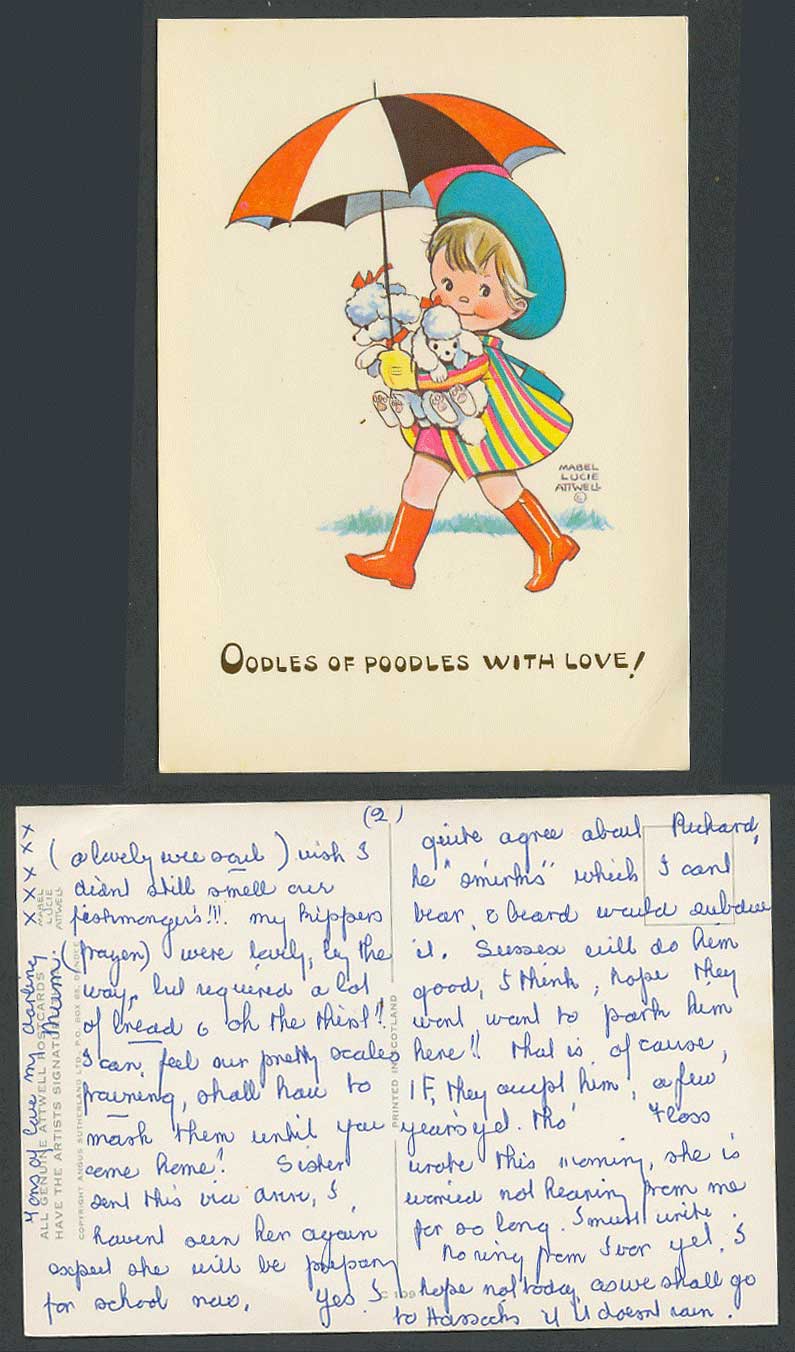 MABEL LUCIE ATTWELL Old Postcard Girl Poodle Dog Oodle of Poodles with Love C109