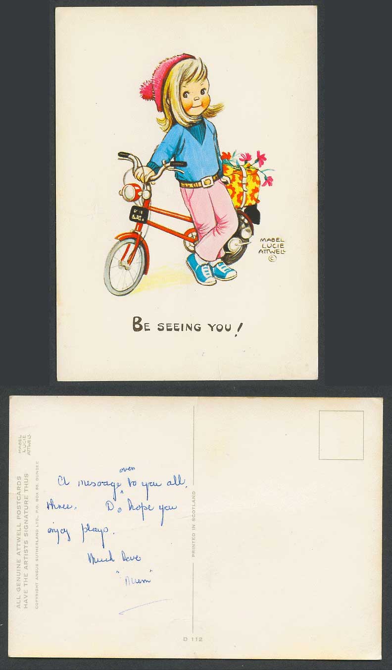 MABEL LUCIE ATTWELL c.1960 Old Postcard Girl Bicycle Flowers Be Seeing You! D112