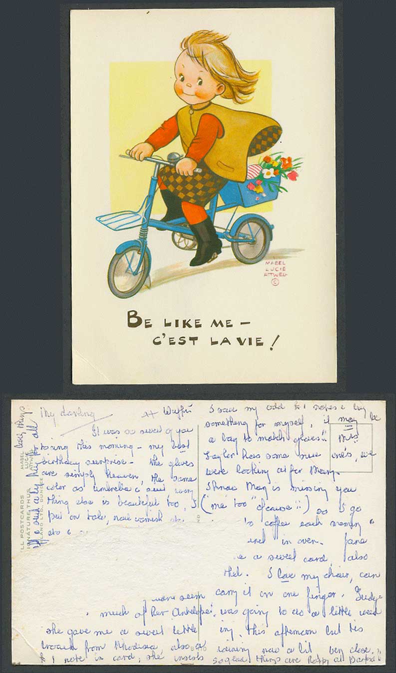 MABEL LUCIE ATTWELL Old Postcard Girl Rides Bicycle Be Like Me C'est La Vie D110