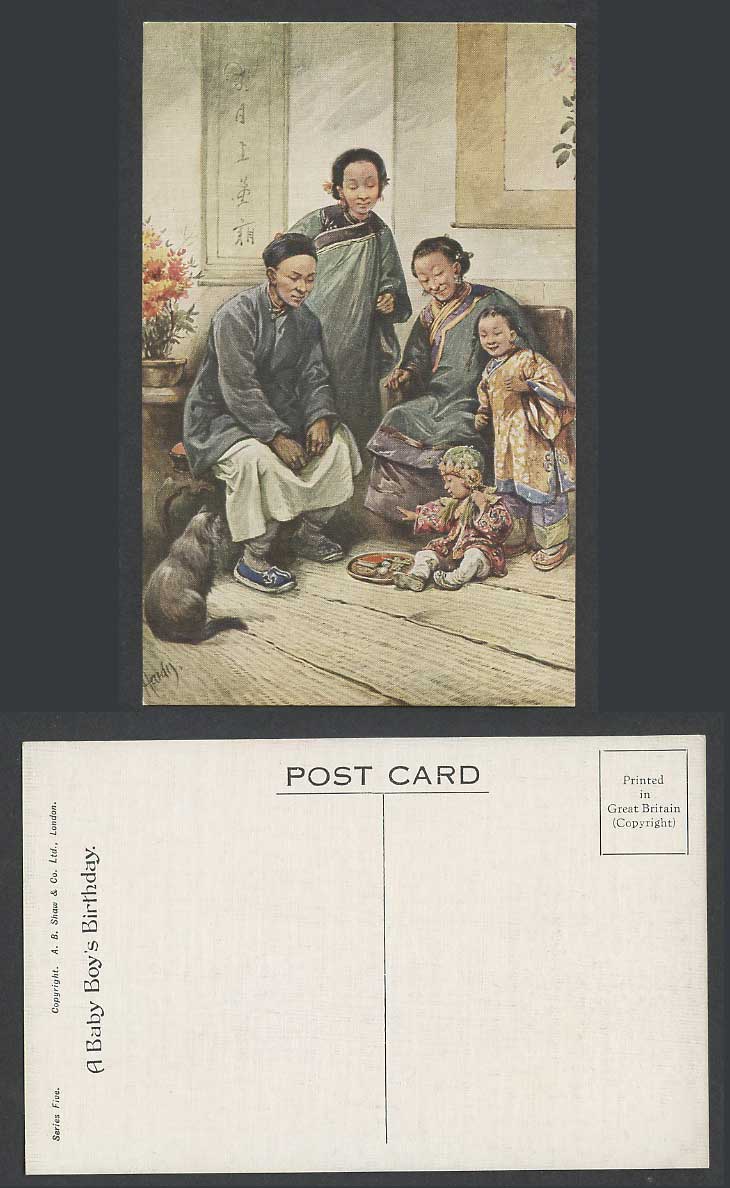 China E.S. Hardy Art Old Postcard A Chinese Baby Boy's Birthday Black Cat Kitten