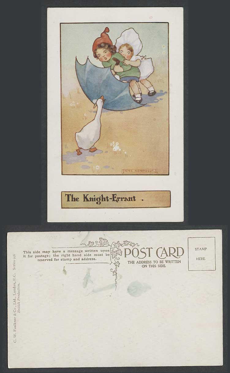 Agnes Richardson Old Postcard The Knight Errant, Goose Duck Bird, Children Girls