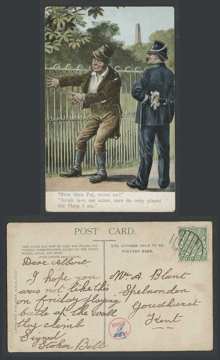 Ireland Irish Humour Pass Censor Old Postcard Police Drunk Pat Only Playing Harp