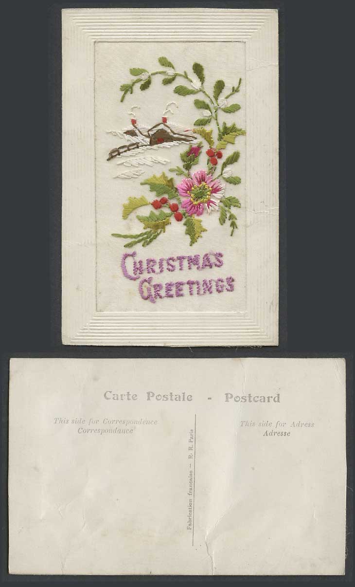 WW1 SILK Embroidered Old Postcard Christmas Greetings Xmas Cottage Flowers Holly