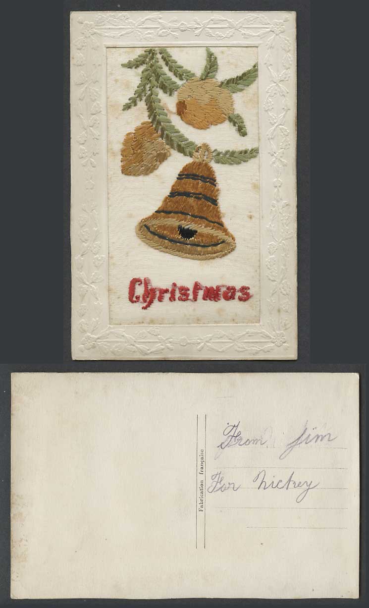 WW1 SILK Embroidered Old Postcard Christmas Greetings, BELL, Pine Conifer Cones