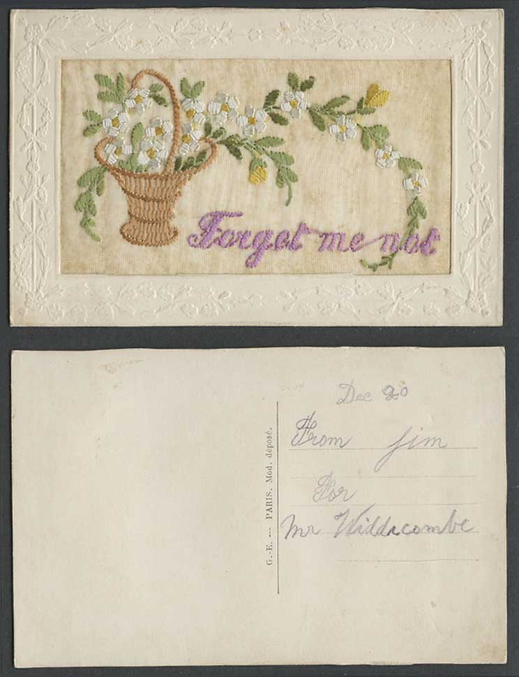 WW1 SILK Embroidered French Old Postcard Forget Me Not Flowers Basket G.E. Paris