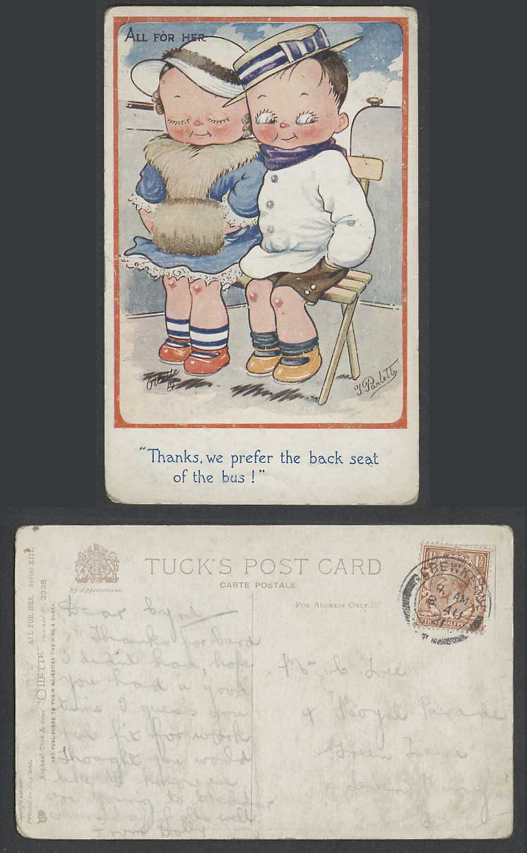 J. Parlett 1921 Old Postcard Tuck's Oilette All For Her, Prefer Back Seat of Bus