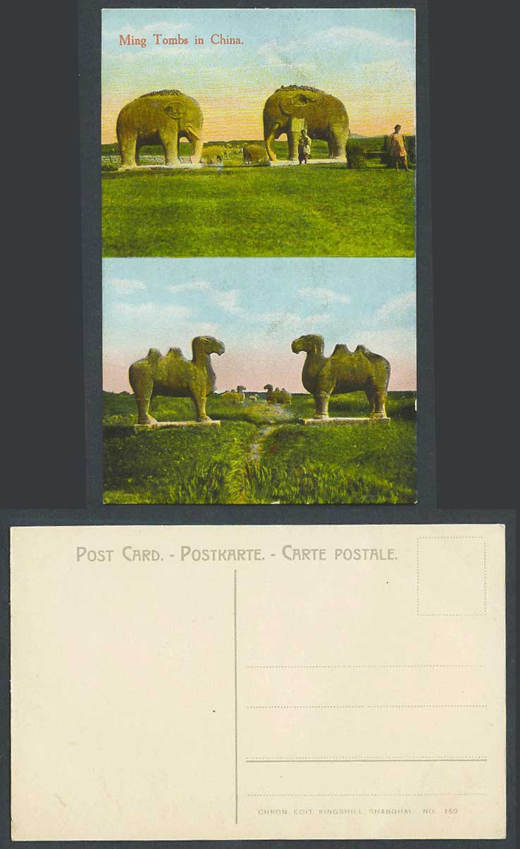 China Old Colour Postcard MING TOMBS Elephants Camels Elephant and Camel Statues