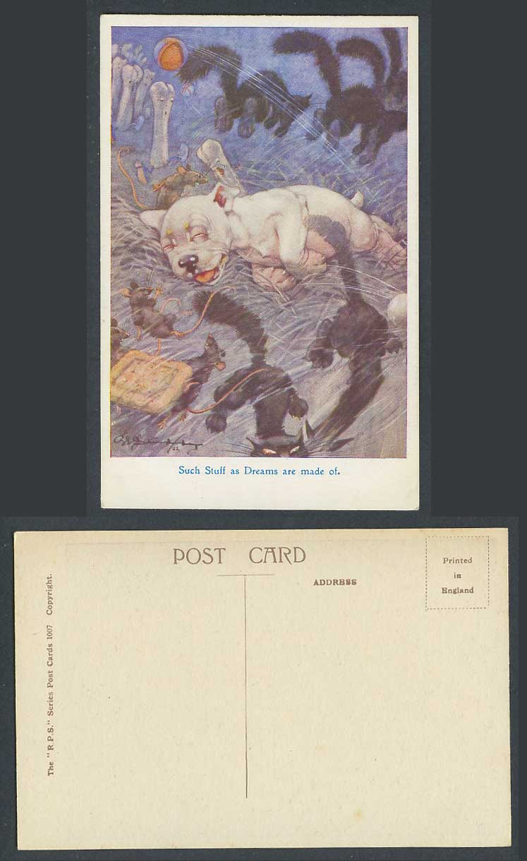 BONZO DOG GE Studdy Old Postcard Such Stuff as Dreams are Made Of Black Cat 1007