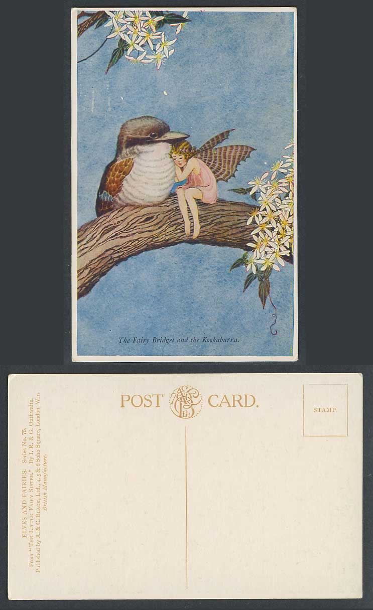 IR & G OUTHWAITE Old Postcard THE FAIRY BRIDGET and KOOKABURRA Bird Elves Faires