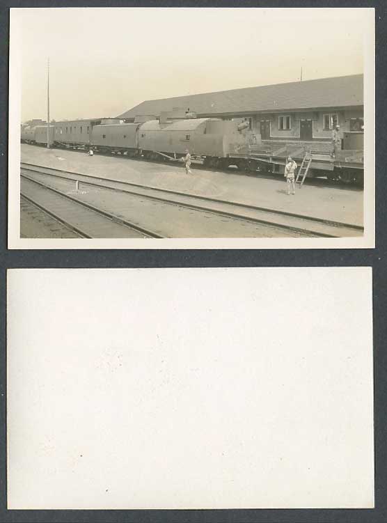 China c.1930 Old Real Photo Card Armoured Train Soldiers Railway Station, Peking