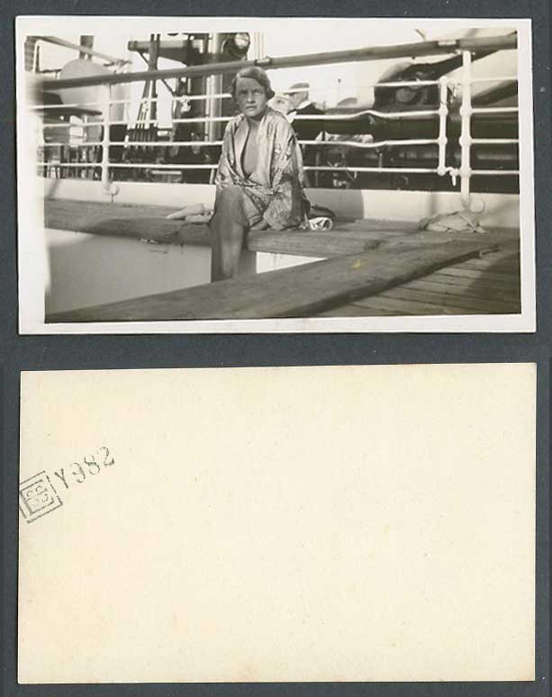 Glamour Woman Lady Sitting on Board a Ship, Old Small Real Photo, 6.9cm x 11.6cm