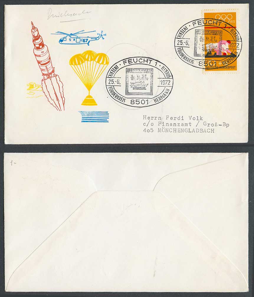 Helicopter Rocket Balloon, Germany Munich Olympic stamp 1972 Flight Cover Feucht