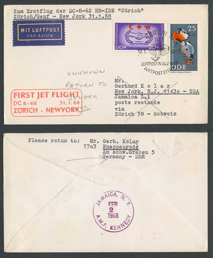 E. Germany DDR 25pf Red Cross 1968 First Jet Flight Cover DC8-62 Zurich New York