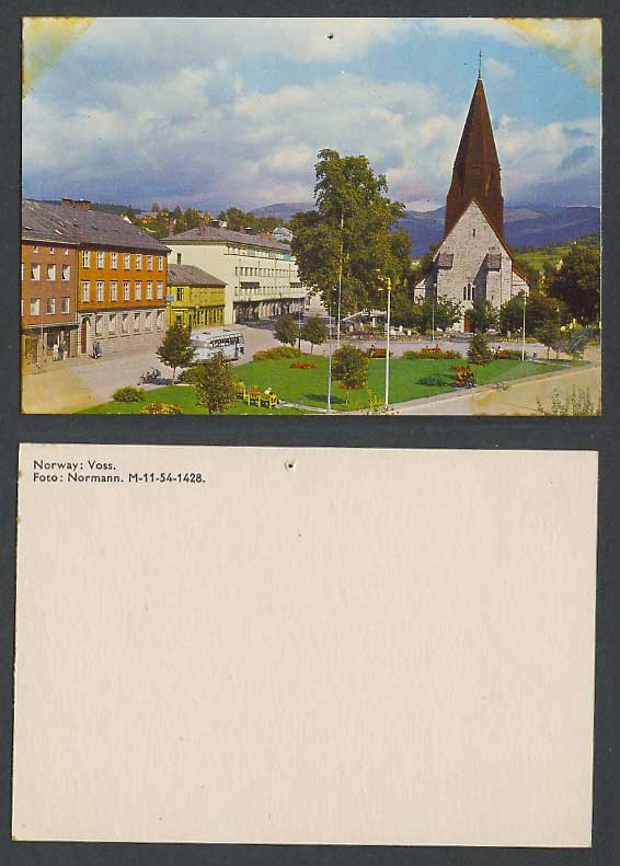 Norway Vintage Old Colour Card Voss Street Scene Church Garden Bus Mountain Hill