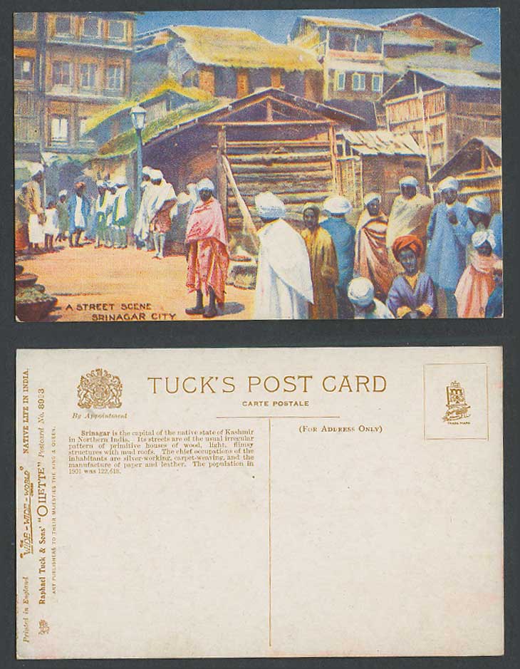India Native Life, Tuck's Oilette 8993 Old Postcard SRINAGAR CITY A Street Scene