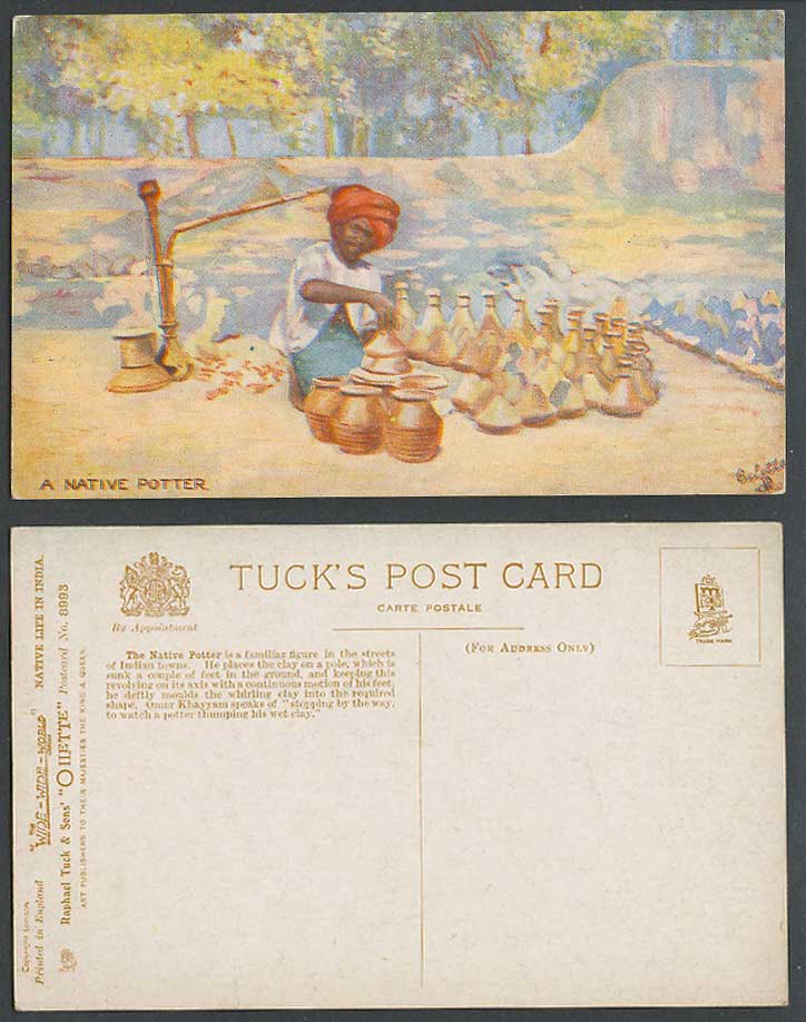 India Old Tuck's Oilette Postcard A Native Potter Hookah Shisha Clay on Pole ART