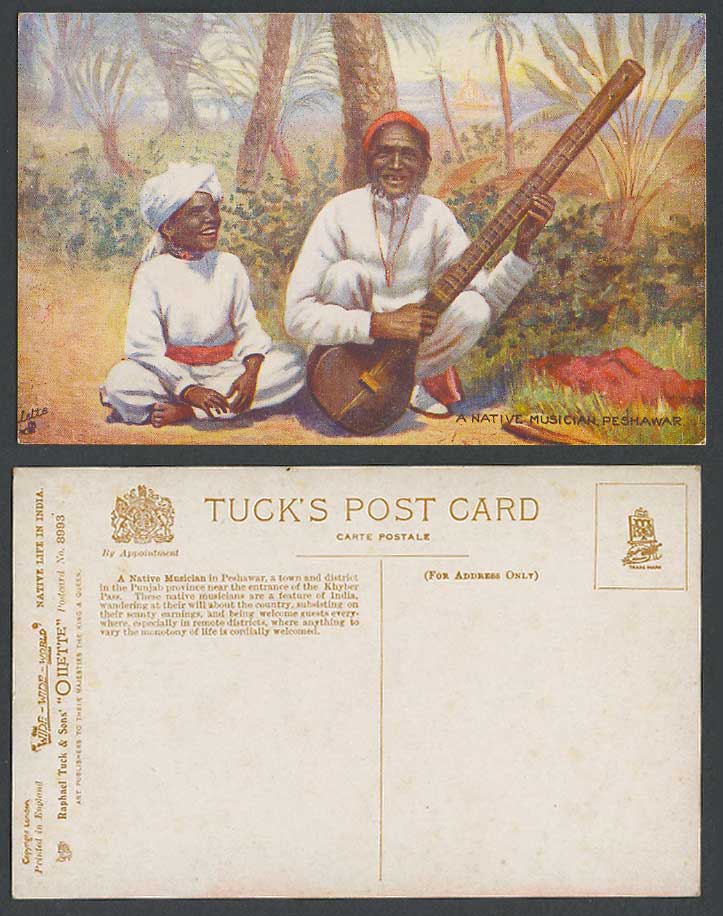 India Old Tuck's Oilette Postcard A Native Musician Peshawar SITAR Punjab Khyber