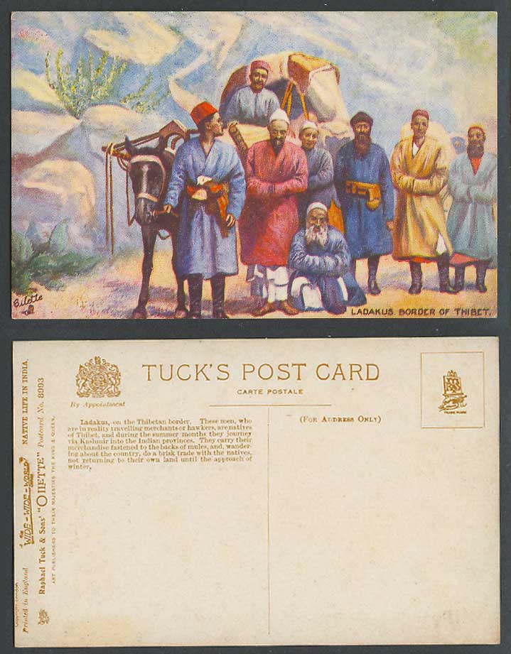 TIBET China India Old Tuck's Postcard LADAKUS, Border of Thibet, Tibetan Hawkers