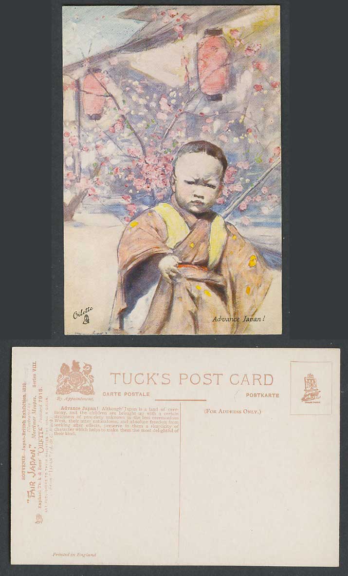 Japan Advance Exhibition 1910 Old Tuck's Postcard Japanese Child Cherry Blossoms