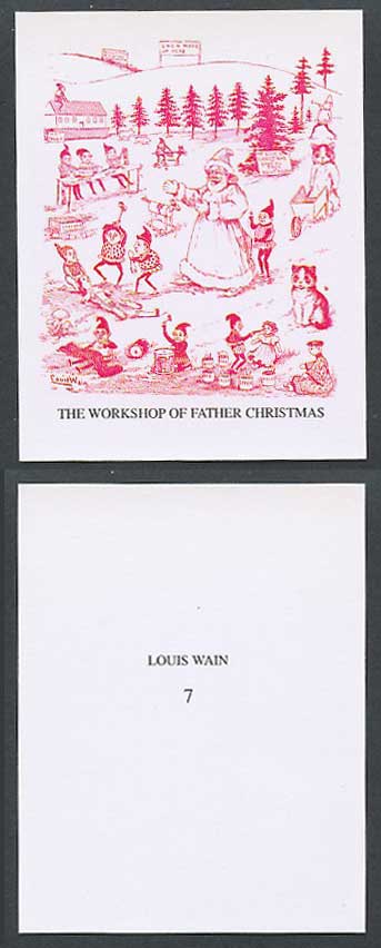 LOUIS WAIN Artist Signed Cat Trade Card Workshop of Father Christmas Santa Claus