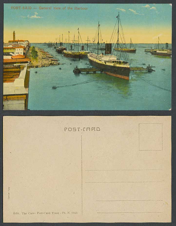 Egypt Old Colour Postcard Port Said General View of The Harbour Lighthouse Ships