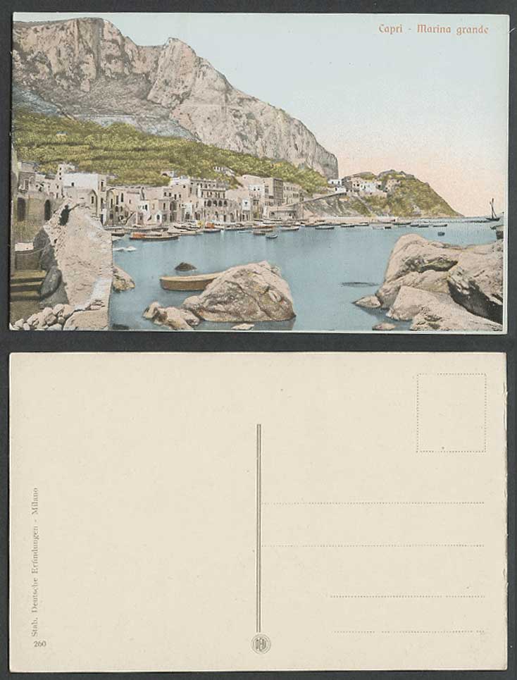 Italy CAPRI Old Colour Postcard Marina Grande Harbour Boats Rocks Cliff Panorama