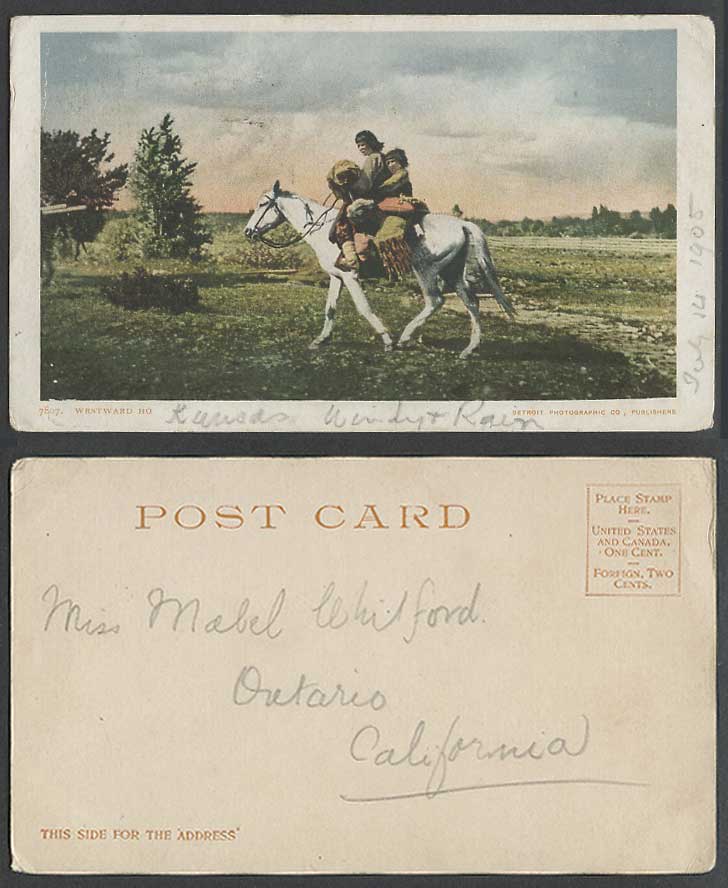 White Horse Riders Woman Child Westward Ho Animal 1905 US Old Colour UB Postcard