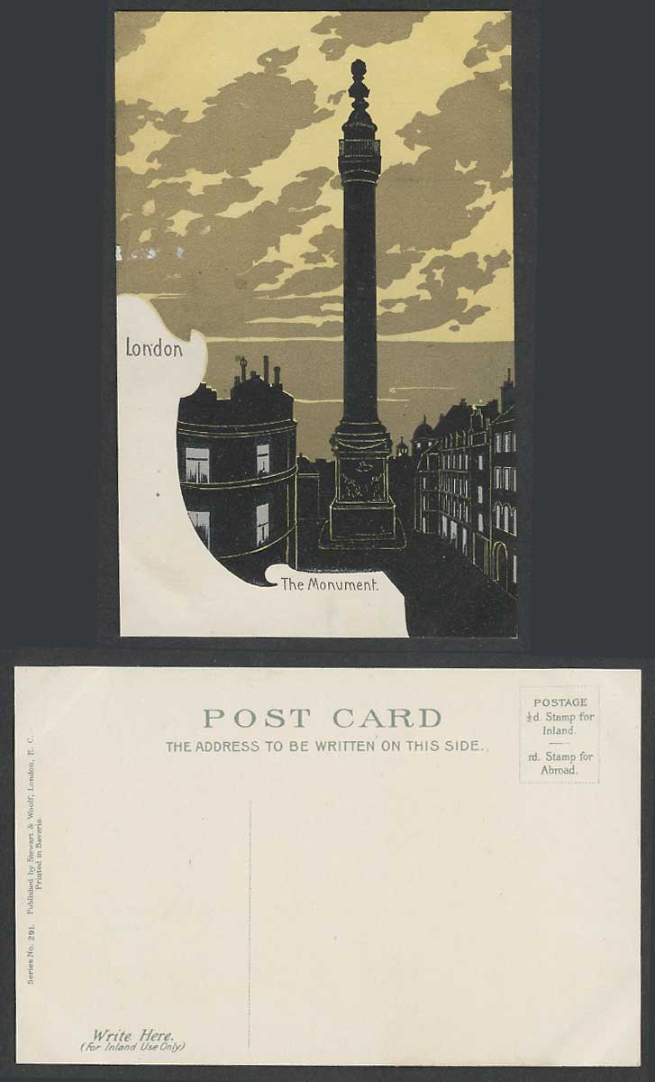 London Silhouette Old Postcard The Monument Art Artist Drawn Stewart & Woolf 291