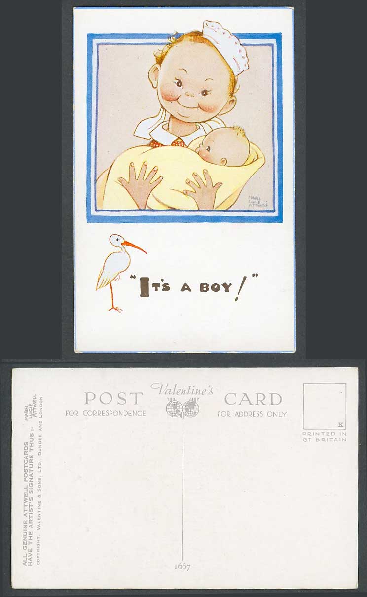 MABEL LUCIE ATTWELL Old Postcard It's a Boy! Stork Bird, Midwife Baby Child 1667