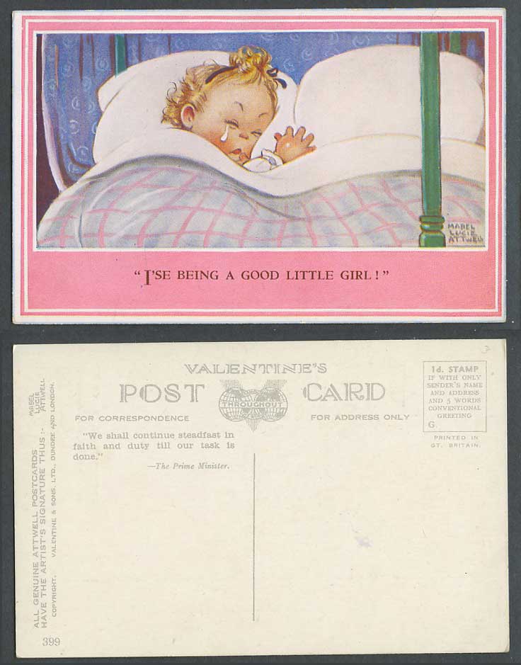 MABEL LUCIE ATTWELL Old Postcard I'se Being a Good Little Girl WW2 Slogan PM 399