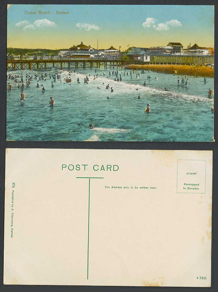 South Africa Old Colour Postcard Ocean Beach, Durban, Bathers Bathing Pier Jetty