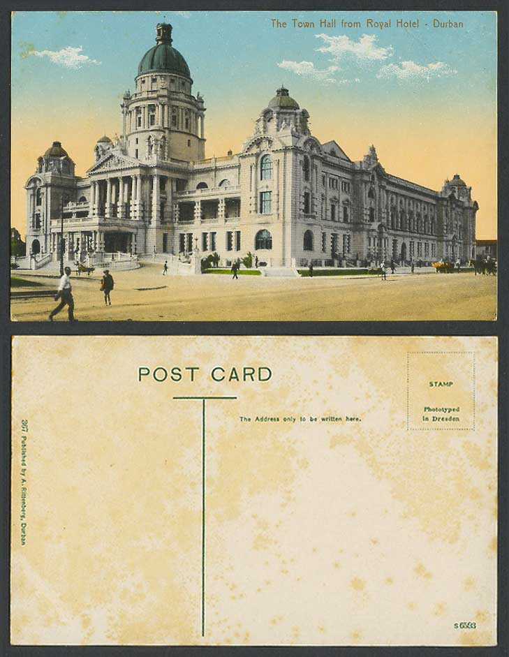 South Africa Old Colour Postcard Durban Town Hall from Royal Hotel, Street Scene