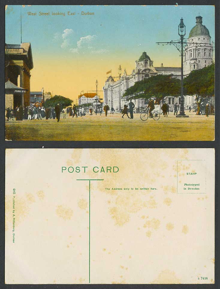 South Africa Old Postcard West Street East Durban, TRAM, Tramway Office, Bicycle