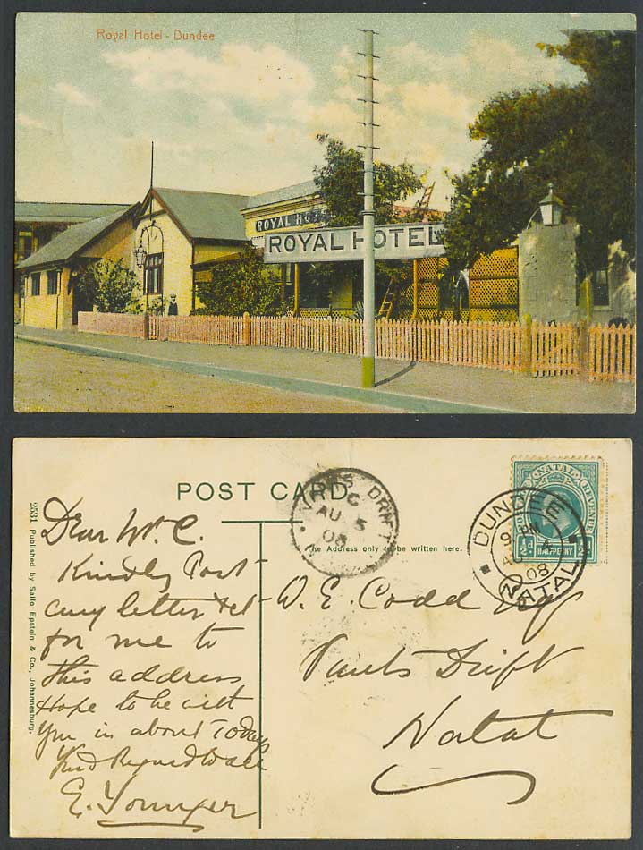 South Africa KE7 1/2d 1908 Old Colour Postcard Royal Hotel Dundee, Natal, Street
