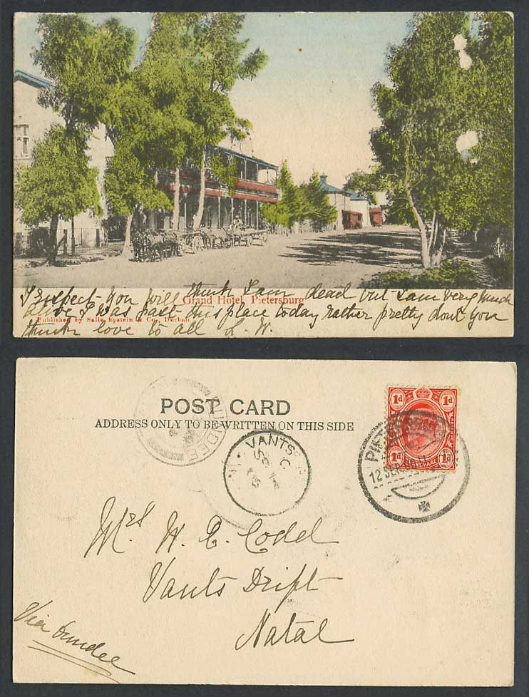 South Africa 1906 Old Hand Tinted Postcard Pietersburg Grand Hotel, Street Scene