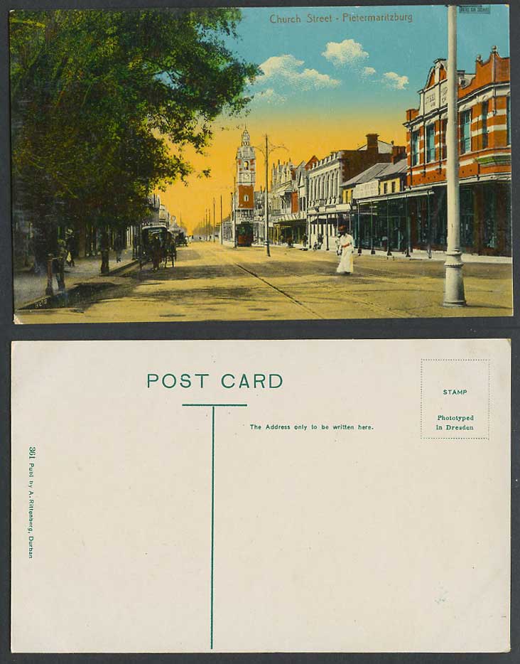 South Africa Old Colour Postcard Pietermaritzburg Church Street Clock Tower TRAM
