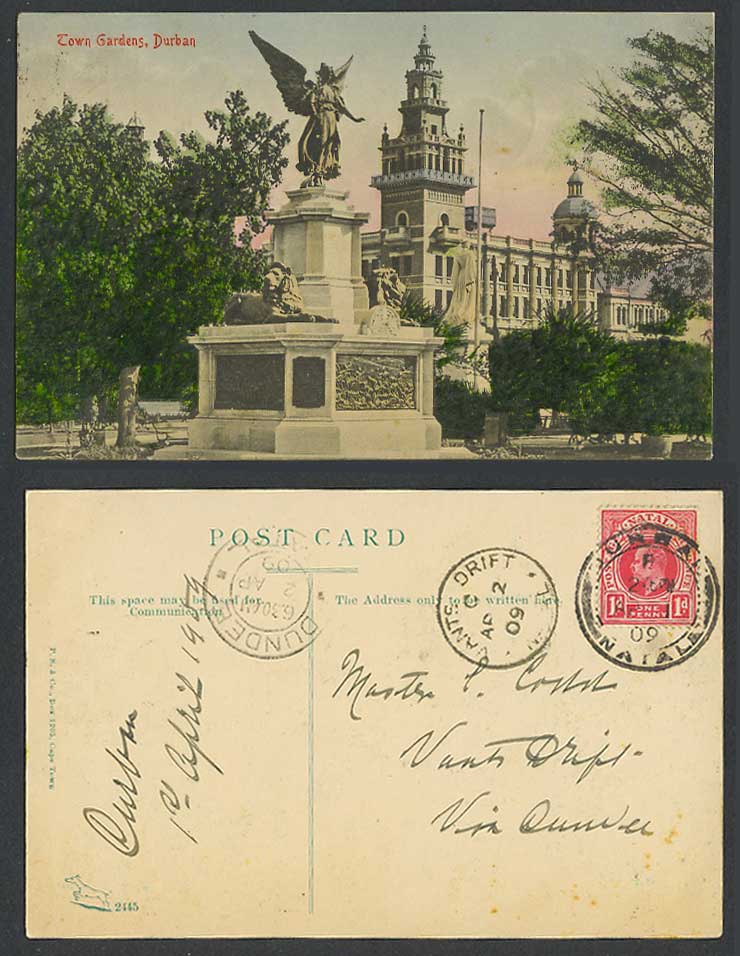 South Africa Natal 1d 1909 Old Postcard Durban Town Gardens, Angel Lions Statues