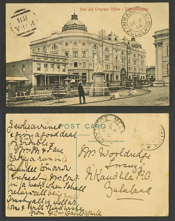 South Africa 1908 Old Postcard Pietermaritzburg Post & Telegraph Offices, Statue