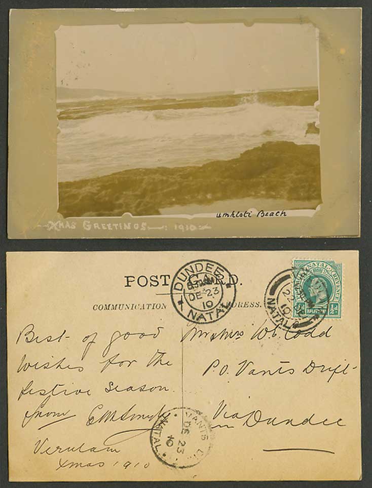 South Africa 1910 Old Real Photo Postcard Umdloti Beach Rough Sea Xmas Greetings