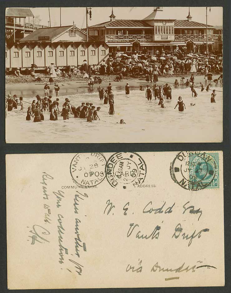 South Africa 1909 Old Postcard Durban Beach Bathers Campbell's Pavilion Tea Room