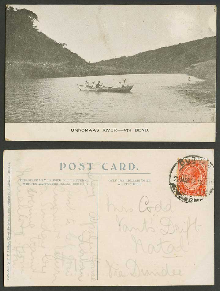 South Africa KG5 1d 1918 Old Postcard Umkomaas River Scene 4th Bend Boating Boat
