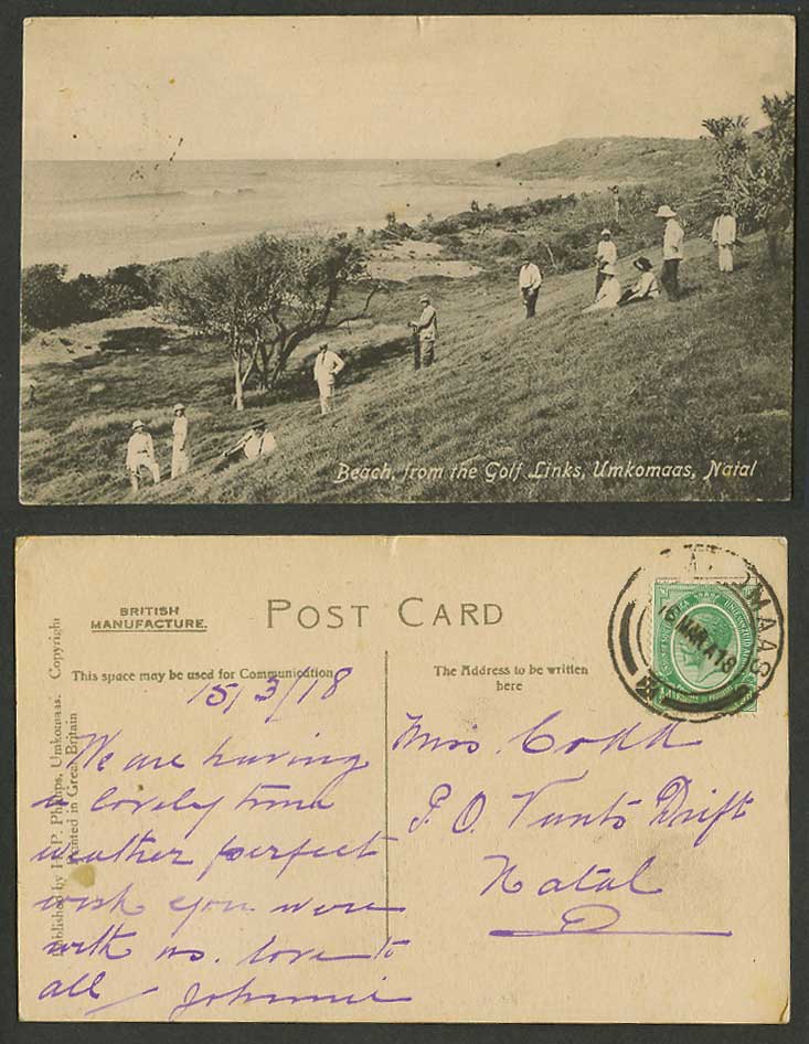 South Africa KG 1918 Old Postcard Beach from Golf Links Umkomaas Golfers Golfing